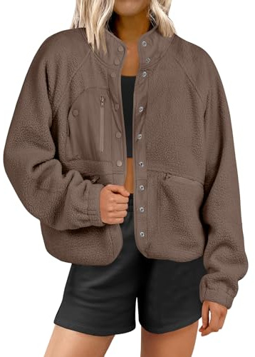 ANRABESS Womens Fuzzy Fleece Jacket Fall Casual Long Sleeve Cropped Sherpa Button Down Shacket Coats Outwear With Pockets Coffee Medium