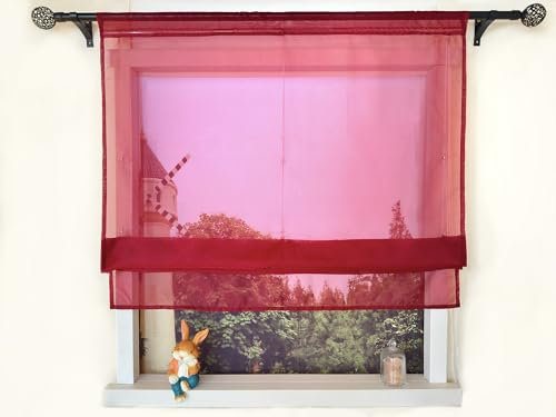 Devola Raffrollo Einfarbig Voile Raffgardinen Küchengardinen Transparent Bändchenrollo mit Tunnelzug Fertiggardinen Moder HxB 140x80cm Rot 1 Stück