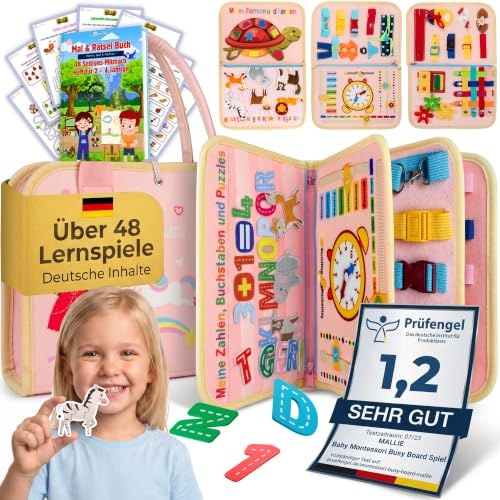 Mallie® Busy Board Deutsch inkl. Gratis Reisetasche & Montessori Buch und Perfekt für Reisen im Auto, Zug oder Flugzeug I100% BPA-Frei als Quiet Book & Busy Book I Activity Board Busy Book