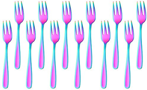 SBOMHS 12 forchette da dessert in acciaio inox, forchette da frutta, piccola forchetta per matrimoni, torte, tè, 13,6 cm, lunghezza 5,35 pollici (arcobaleno)