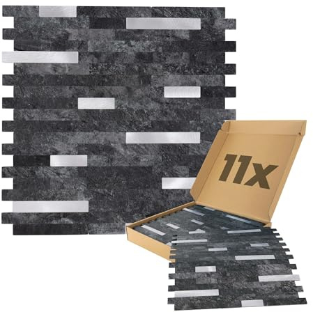 Dalsys 11x Wandpaneele selbstklebend, Steinoptik 1m² Anthrazit/Silber | Wandverkleidung aus Aluminium & PVC, feuchtigskeitsbeständig, Premium Qualität für Bad und Küche, dünne Streifen