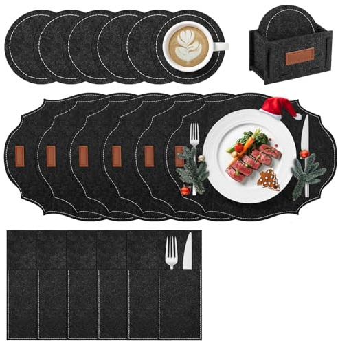 Witnewrage Tischsets Platzsets Filz, Platzsets Abwaschbar, rutschfest Platzdeckchen, Tischsets Filz 19er Set: 6 Tischsets Abwaschbar, 6 Untersetzer, 6 Bestecktasche, 1 Filzbox -Polygon, Anthrazit