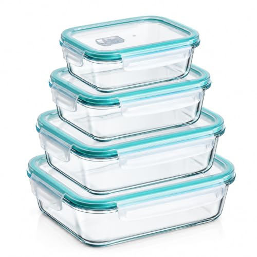 Premium-Glasbehälter mit Deckel, 4 Stück, Frischhaltedosen, Küchen- und Kühlschrankaufbewahrung, luftdichte Lunchbox, spülmaschinenfest, mikrowellengeeignet, Premium-Glasbehälter mit Deckel, 4 Stück