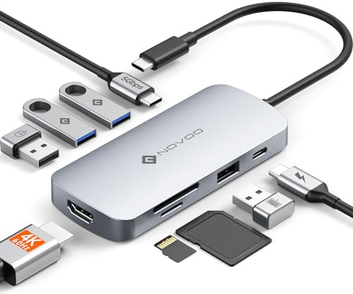 NOVOO Hub USB C 9-en-1 Adaptateur USB vers HDMI 4K@60Hz, 5 Ports USB, 100W PD, SD/TF Multiport USB Hub pour MacBook Pro/Air, HP, Dell, Lenovo
