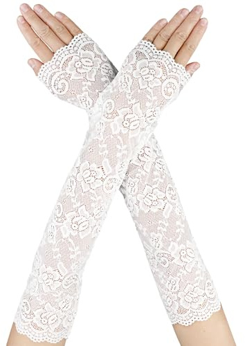 Telooco Lange Fingerlose Spitzenhandschuhe für Damen Ellenbogenlänge Florale Spitzen Handschuhe Lang Hochzeit Braut Blumenhandschuhe für 1980er Jahre Party Teeparty Kleidungszubehör (Weiß/Schwarz)