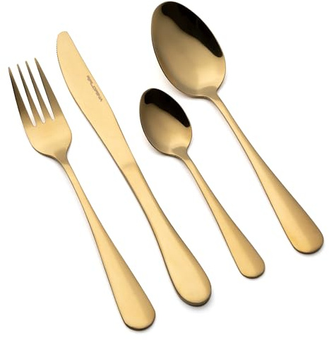 FLORINA Set di Posate in Acciaio Inox I 16 Pezzi per 4 Persone I Posate da Tavola di Servizio FORTE I Set Completo di Forchette, Coltelli, Cucchiai da Tavola, Cucchiai da Tè I Oro