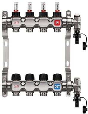 MD Technic Heizkreisverteiler Edelstahl 4 Heizkreise | Mit Durchflussmessern, Handventilen, Montage/Wandhalterungen, Endset zum Befüllen und entlüften, von 2 bis 12 Heizkreisen