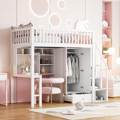 Hochbett Kinderbett 90×200 mit Kleiderschrank, Schreibtisch und Stauraum Treppe, Funktionsbett Jugendhochbett Doppelbett Etagenbett, Holzbett mit Rausfallschutz und Lattenrost, Ohne Matratze (Weiß)