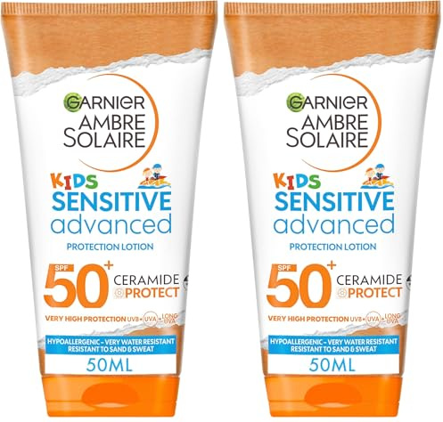 Garnier Ambre Solaire SPF 50+ Sensitive Advanced Kids Sun Cream, High Protection Against UVA & UVB, Non-Sticky Water-Resistant Sunscreen, for Face & Body, Approved by Cruelty Free International, 175ml