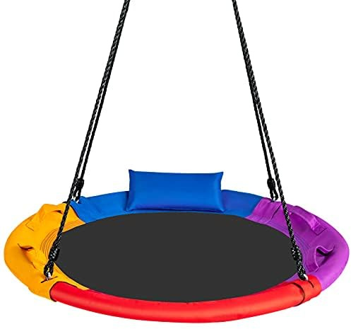 Baumschaukel mit Kissen & Griffe, Kinderschaukel mit 100-180 cm höhenverstellbarem Seil, Nestschaukel bis 150 kg belastbar für Kinder & Erwachsene, Schaukel für Indoor & Outdoor, Bunt