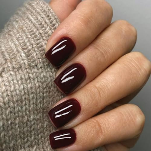 Wine Red Press on Nails - 24pcs French False Nails - Short Square Fake Nails with Glue - 12 Sizes Glossy Cherry Stick on Nails - Full Cover French Tip False Nails for Women and Girls Nail Art
