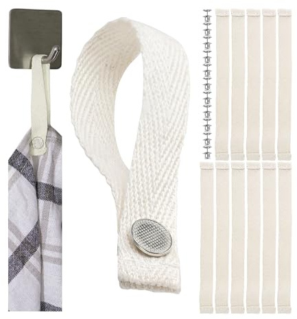 Sew-free hanger for textiles, 12 pack, 150 x 12 mm loops, in white, made of cotton, with pin-button fastener, hanger tabs for tea towel, bath towel, cloth, decorative items, camping