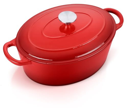 E-far 7QT Oval Dutch Oven Pot with Lid, Enameled Cast Iron Dutch Oven with Dual Handles for Sourdough Bread Baking Cooking, Nonstick Enamel Coated Cookware(Red), Non-Toxic & Easy Clean