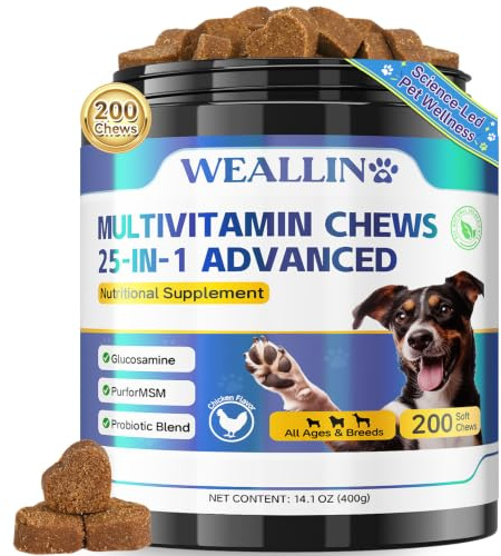 WEALLIN 25-in-1 Multivitamin Supplements for Dogs - Multi-Vitamin Treats For Dogs Multivitamin Chewable Dog Vitamins For Heart,Skin,Coat,Natural Balance,Digestion for All Ages 200 Chews Chicken Flavor