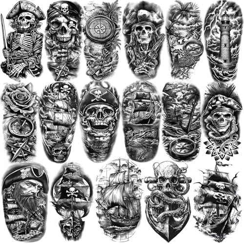 Set de tatuajes temporales, 77 hojas, media manga, diseño pirata con calavera, brújula, ancla, espada para adultos y niños