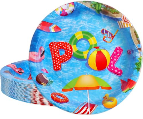 Fancy Land Pool Party Plates Pool Paper Plates Summer Party Decorations Swimming Themed Paper Plate for Beach Tropical Hawaiian Birthday Party Decor Supplies 24Pcs