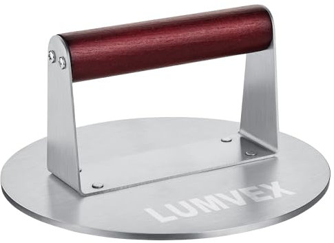 Smash Burger Profesional de Acero Inoxidable Grueso, 16cm Prensa de Hamburguesas Antiadherente Mango De Madera Prensa para Barbacoa, Filete, Patties