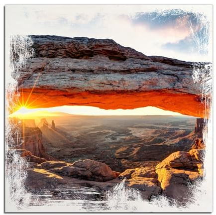 Wallario Wandbild aus Holz Sonnenstrahl am Horizont Leuchtende Felsspalte - 50 x 50 cm in Premium-Qualität: Brillante Farben