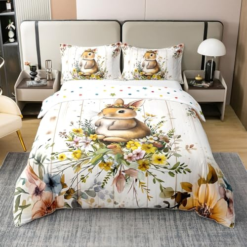 Homewish Kaninchen KinderBettwäsche 135X200 Baumwolle Aquarell, Blumen Tiere Bettbezug Niedlich Für Mädchen Jungen, Braunbeige Ästhetische Bett Set, Mit 1 Kissenbezug Holzbrett Dekor, Weiche