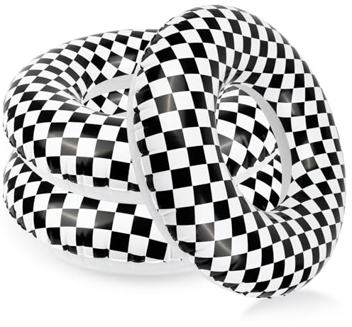 3Pack 24Inch Inflatable CheckeredPool Floats-Racing Car Party Theme Pool Tubes for Kid - Durable Swim Rings for Pool Parties (3Pack White+Black)