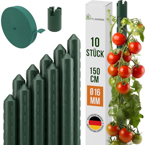 TTL GARDEN Rankstäbe 10er Set 150cm x 16mm Ø grün - extra stabil & rostfrei | 16 mm Rankhilfe Pflanzstäbe + Klettband - Stahl kunststoffbeschichtet Pflanzenstütze Blumenstütze Tomaten Paprika & Blumen