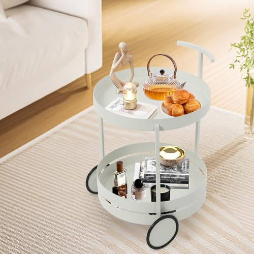 OMGGYER Servierwagen Metal Beistelltisch Küche Runder Lagerwagen 2 Etagen Barwagen, Multifunktional Küchenwagen Teewagen mit Rollen, 40 * 61cm (Weiß)