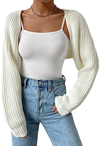 Qianderer Women Open Front Ribbed Knit Crop Bolero Shrug Drop Shoulder Long Sleeve Solid Loose Fit Knitted Crop Cardigan (White, S)