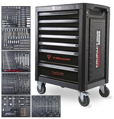 WIDMANN Tool Trolley Cabinet with 263pcs Tools Steel Workshop Storage Chest Carrier ToolBox, Compact One Series (Black)