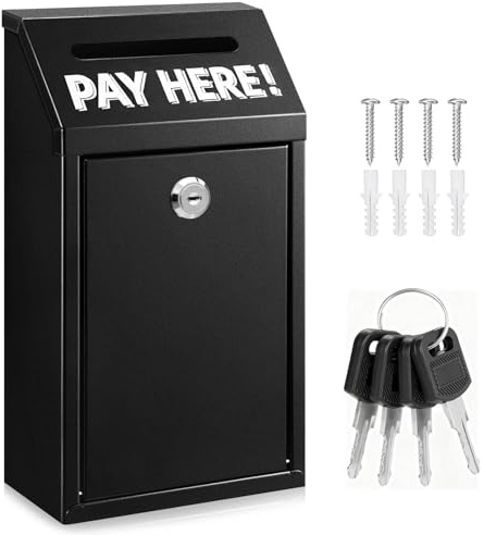 Metal Donation Box with Lock – Wall Mounted Cash Money Box with Slot for Cash Deposit, Hualleko Money Drop with Lock and Slot for Home/Office/Outdoors 10.2 x 5.6 x 2.9 Inch(Black)