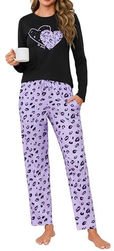 Uniexcosm Pigiama Donna Lungo, Pigiama Due Pezzi Maniche Lunghe+Pantaloni Set Pigiama Cotone Sleepwear Nightwear per Autunno Inverno TC S