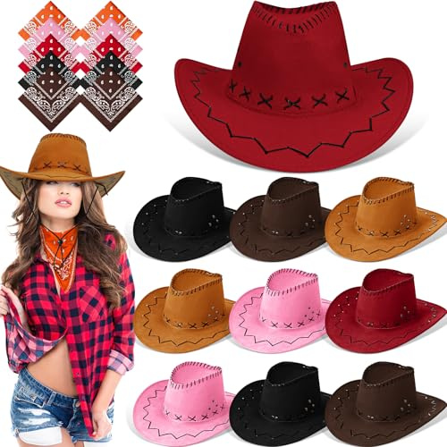 SWHCM 10er Set Cowboyhut und Halstuch für Damen und Herren – 10 Filzhüte im Westernstil mit 10 Bandanas – Cowboy Kostüm Zubehör für Erwachsene und Mottoparty (Stilvoller Stil)