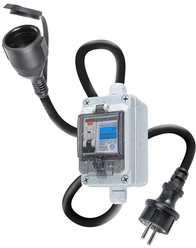 Stromzähler Steckdose, mit FI Schutzschalter Typ A 230V fi stecker 16A Mobiler Digitaler Zwischenzähler Strom mit IP67 wasserdichtem Gehäuse IP44 Schuko Stecker Für Balkonkraftwerk Camping Sicherheit