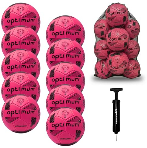 Optimum Sport Classico Football Bulk Pack with Bag & Ball Pump for Indoor/Outdoor Training & Matches, Durable Valve for Consistent Flight & Lasting Air Retention – 10 Pack, Size 5, Pink