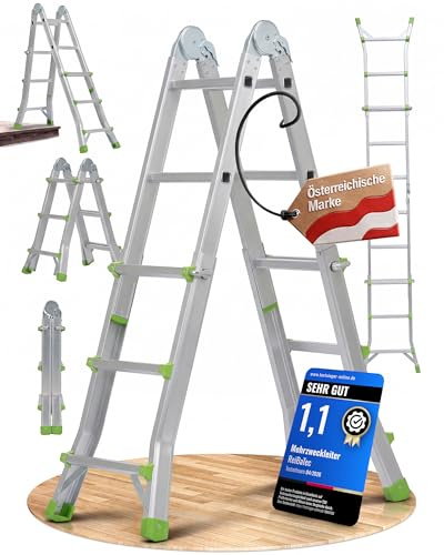 ReiBaTec Mehrzweckleiter HomeFlex 4x3 Aluminium [3-in-1] ausziehbare Klappleiter & Teleskopleiter | Stehleiter, Anlegeleiter und Treppenleiter | Ultrakompakt 94 cm nur 8,5 kg bis 286 cm