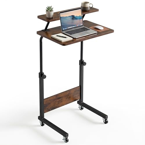YITAHOME Beistelltisch Höhenverstellbar mit Rollen, Mobilfunk Laptoptisch, Tragbarer Home Office Schreibtisch mit Aufbewahrungsregal für Schlafzimmer, Stehpult Beistelltisch Rollen, Vintage-Braun