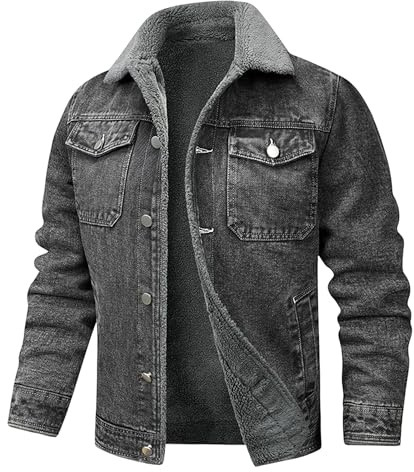 Sherpa fodrad trucker denimjacka för män, fleecefodrad smal passform, jeansjacka, vardaglig, vinter, denimkappor, Grått, L