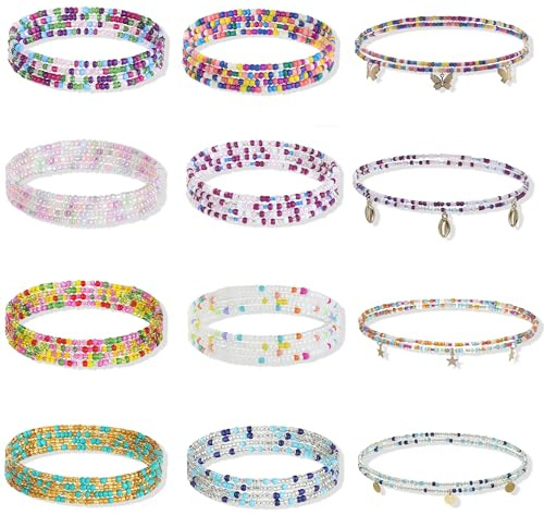 12 Piezas Perlas de Cintura Africanas, Waist Beads Elásticas para Mujer, Cadena de Cintura de Perlas para Bikini Cadena de Vientre Cadena Corporal Verano Playa Waist Chain Joyería Corporal para Mujer