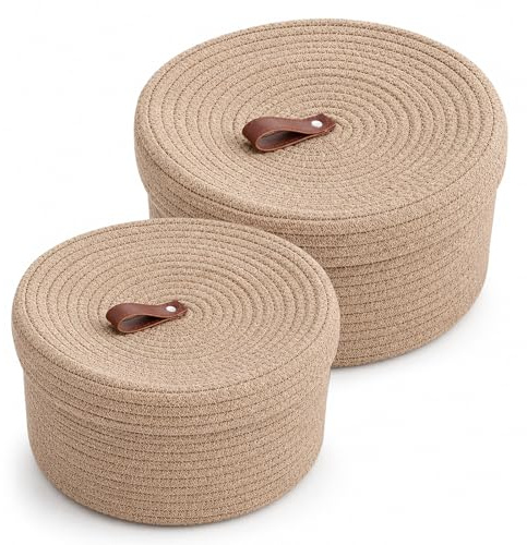 2 Stück Baumwollseil Aufbewahrungskorb mit Deckel-Set, Ø 23 x 12,5 cm & Ø 28 x 16,5 cm Korb Aufbewahrung, Körbe mit Deckel Geflochten, für Kinderzimmer, Küche, Bad, Büro, Khaki