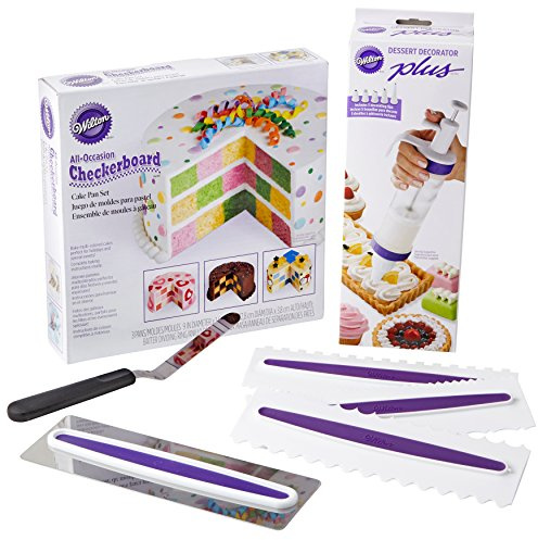 Checkerboard Cake Tin and Decorating Set, Round Cake Tins, Decorating Tool, Icing Smoother and Comb, Palette Knife, 7 Piece Set
