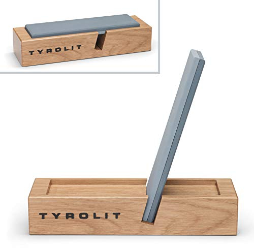 TYROLIT LIFE Schleifstein für Messer - Körnung 400/800 - Manueller Messerschärfer mit voreingestelltem Schleifwinkel - Halterung aus Eichenholz - Made in Tirol