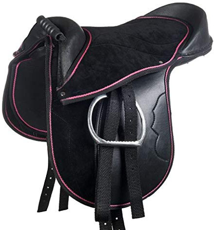 Funny Horses HKM 9384 Shettysattel-Set, Shetty Sattel Steigbügel Knieklötze Schwarz/Pink 12, 1 Stück (1er Pack)