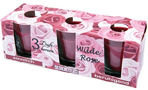 HS Candle Duftkerzen Classic 3er Pack im Glas, lange Brenndauer und angenehmer Duft (Wilde Rose)