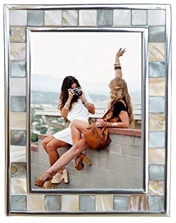 GIFTME 5 Silver Plate Picture Frame 5x7 Mother of Pearl 5 by 7 Photo Frame Mosaic Glass Tabletop Frame (Grey+ White,1pc)