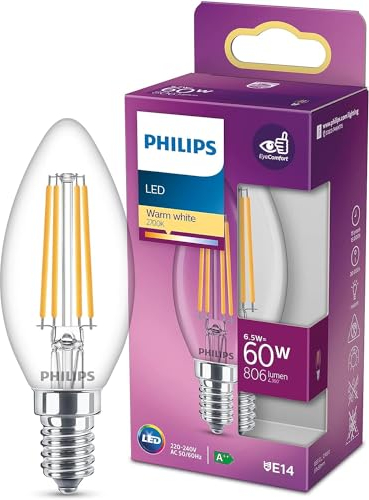 PHILIPS LED Classic E14 Lampe, 60 W, Kerzenform, klar, warmweiß, Weiß