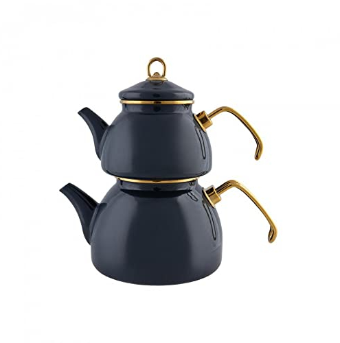 Karaca Set di teiere smaltate retrò, antracite, adatte a induzione, bollitore, infuso di tè, 1,1 l, caraffa per acqua da 2,3 l, bollitore turco, tea maker, caydanlik