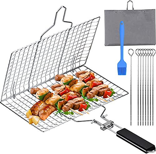 Fish Grilling Basket, Folding Portable Stainless Steel BBQ Grill Basket for Fish Vegetables Shrimp with Removable Handle for Fish Vegetables Steak with 8 BBQ fork, Storage Bag and Brush(32x 21.5cm)