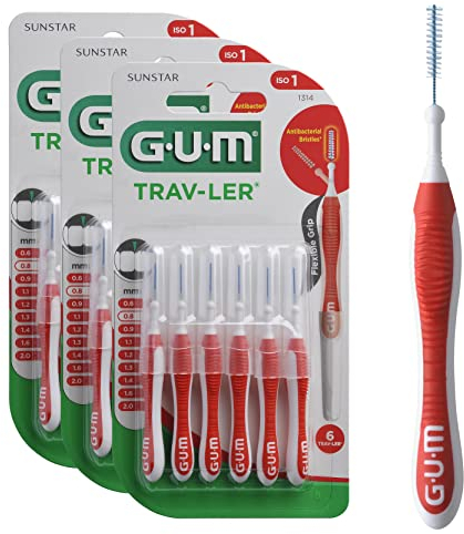 GUM TRAV-LER | interdental Brushes | Bendable Handle | Thorough Cleaning Between Teeth and Plaque Removal | 0.8 mm, ISO 1 | Size S | 3x6 Bundle