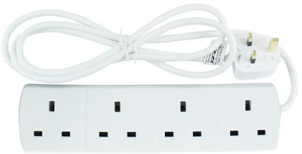 Extension Plug 4 Way Socket Long Extension Lead Mains Powers Gang Way Adapter Surge Protection With 1 Meter White Power Cable Strip Socket For Home Office (1, 1 meter)