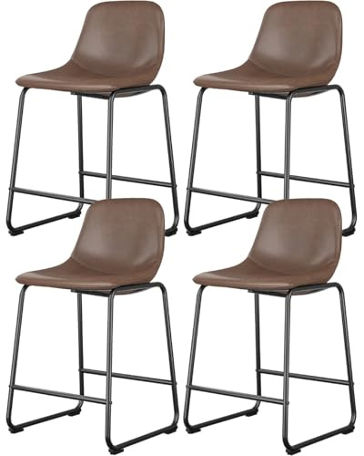 Rfiver Pu Faux Leather Bar Stools Set of 4, Industrial Pub Barstools with Back and Footrest, Modern Armless Bar Height Stool Chairs (Brown, 24 Counter Chair x4)