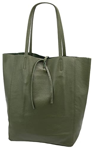 SH Leder ® Damen Echt Rindleder Shopper mit Innentasche in vielen Farben Schultertasche Henkeltasche 37x29cm Kora G266 (Olivgrün)
